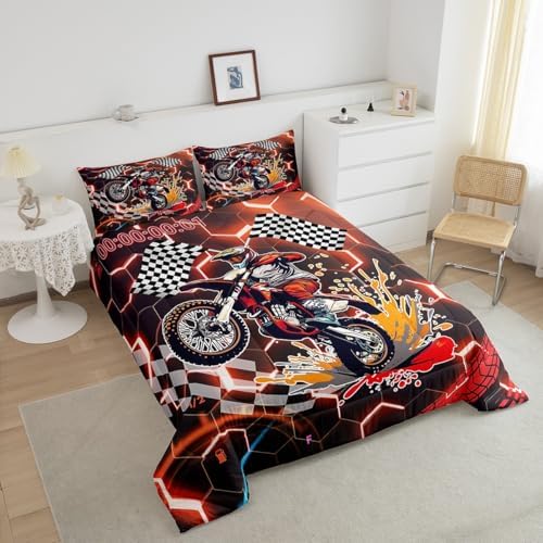 Racing Bedding Set Orange Neon Lights Honeycomb Comforter Set Motorbike Dirt Bike Quilt Geometric Hexagon Moto Extreme Sports Full Size Duvet Insert,Black White Grid Lattice Buffalo Plaid Decor