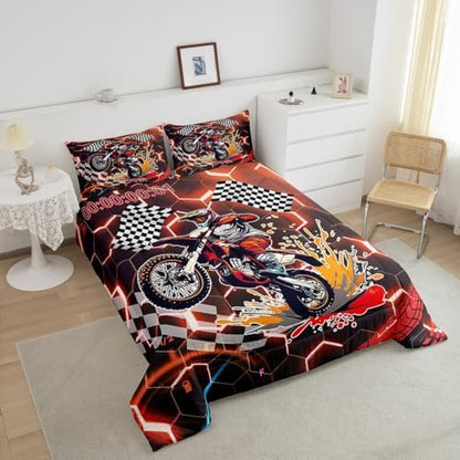 Racing Bedding Set Orange Neon Lights Honeycomb Comforter Set Motorbike Dirt Bike Quilt Geometric Hexagon Moto Extreme Sports Full Size Duvet Insert,Black White Grid Lattice Buffalo Plaid Decor