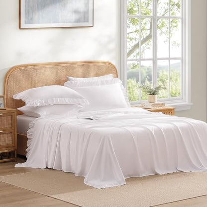 ROSE&RISY Queen Ruffle Sheet Set 4 Piece - White Soft Lightweight Microfiber Bedding with Deep Pocket, Breathable Ruffled Flat Sheet & Pillowcases (White, Queen Size)