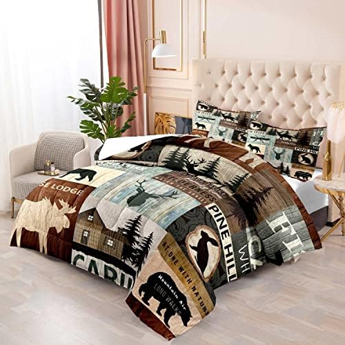 LUVIVIHOME 3PCS Black Bear Moose Deer Comforter Set, Queen Comforter, Pine Tree Woodland Rabbit Wolf Forest Animal Wildlife Hunting Cabin Lodge Vintage Country Rustic Farmhouse Bedding, 2 Pillow Shams