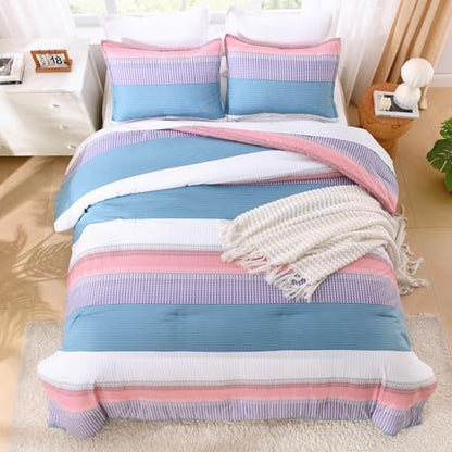 Litanika Sea Salt King Size Comforter Set - 3 Pieces Stripe Bed Set