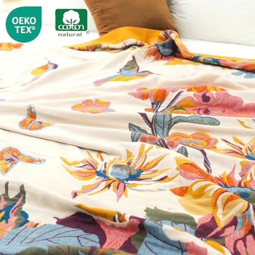 VANJOROY King Extra Large Boho Throw Blanket Oversized 91" x 108", 100% Organic Cotton Soft Bed Throw - Floral Bird Butterfly Pattern Farmhouse Blanket for Couch Sofa Chair and Gift.