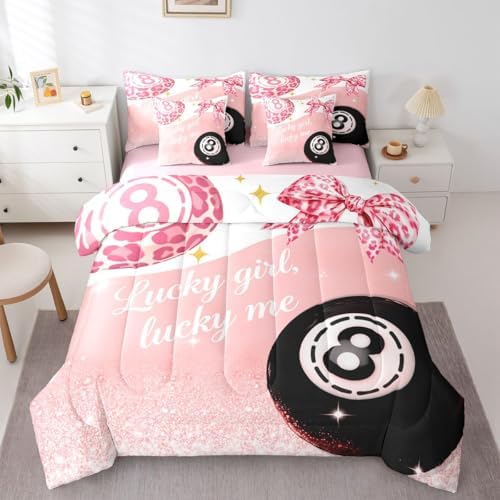 Erosebridal Girls Leopard Bow 7 Piece Bedding Set Full,Pink Fashion Y2K Preppy Comforter Set Cheetah Print Lucky 8 Ball Bed in A Bag with Sheets for Kids Teen Adults,Girly Coquette Bowknot Bed Set