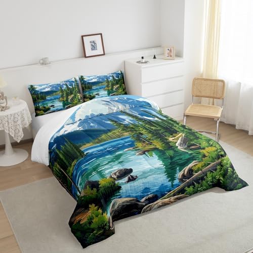 Woodland Comforter Set Full Size,Lake House Rustic Style Duvet Insert for Kids Teens Adults Room Decor,Camping Adventure Retro Bedding Set 3Pcs,Woodland Mountain River Scenery Quilt Set,2 Pillowcases