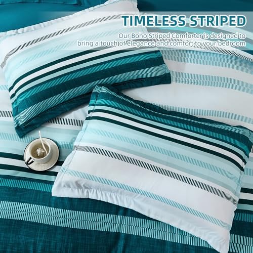 Dobuyly Teal Comforter Full Size Set 7 Pieces, Blue Boho Striped Bed in a Bag Full Size Soft Microfiber All Season Bedding Set with Comforter, Sheets, Pillowcases & Shams