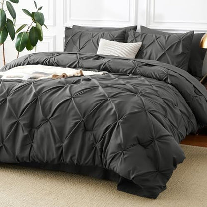 CozyLux Full Size Comforter Sets Dark Grey, 7 Pieces Pintuck Bed in a Bag