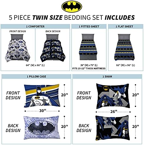 Franco Kids Bedding Super Soft Comforter and Sheet Set with Sham, 5 Piece Twin Size, Batman