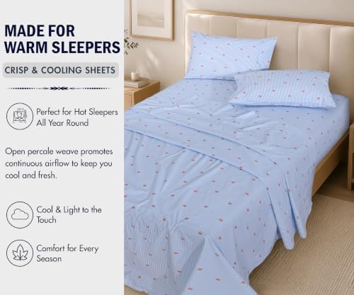 ZOYER 100% Cotton Sheets – King Size Percale Bedding, Cooling & Breathable, Durable with a Crisp, Soft & Comfortable Feel, 16" Deep Pocket, 4-Piece Set, Crab Stripe