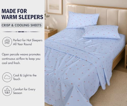 ZOYER 100% Cotton Sheets – King Size Percale Bedding, Cooling & Breathable, Durable with a Crisp, Soft & Comfortable Feel, 16" Deep Pocket, 4-Piece Set, Crab Stripe
