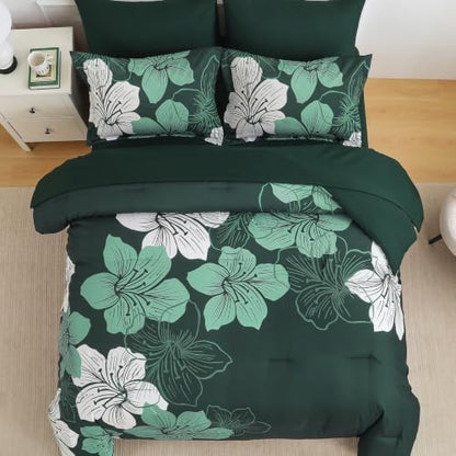 Emerald Green Comforter Set Queen Size, 7 Pieces Floral Bed in a Bag