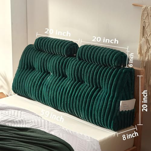 Rycwola Faux Fur Headboard Pillow with 2 Pack Neck Roll Pillow Large Headboard Pillow Soft and Supportive with Removable Cover (Green, Queen)
