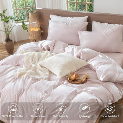MooMee Striped Duvet Cover Set 100% Washed Cotton Linen Like Twin
