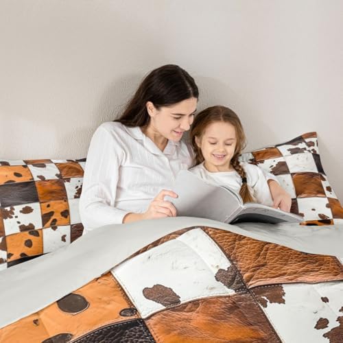 jejeloiu Rustic Cowhide Patchwork Bedding Set for Boys Girls, Leather Cow Print Comforter Set Toddler Size Cow Fur Print Duvet Quilt Microfiber Farmhouse Country Decor 2 Pcs with 1 Pillow Cases