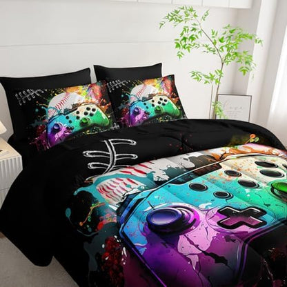 7Pcs Comforter Set Gamepad Baseball Printed Bedding Set with 1 Comforter, 1 Flat Sheet, 1 Fitted Sheet and 4 Pillowcases for Boys and Girls Bedroom (Gamepad-3 Full