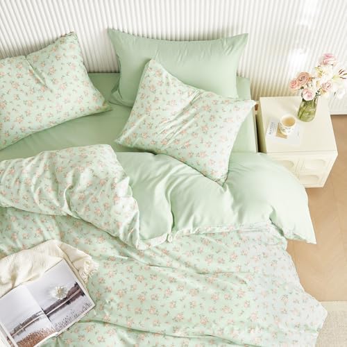 Wake In Cloud - Floral Comforter Set with Sheets, Coquette Cottagecore Aesthetic Flower Shabby Chic Pattern for Women Teen Girls, 7 Pieces Bed in a Bag, Green Pink, Full Size