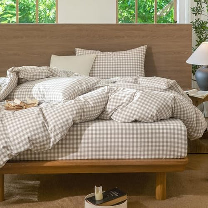MooMee Gingham Duvet Cover Set 100% Washed Cotton Linen Like