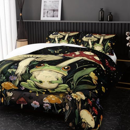 Nttopship Frog Mushroom Comforter Bedding Set with 2 Pillowcase Twin Size Cartoon Frog Mushroom Butterfly Comforter Set for Kids Boys Girls Bedroom Decor