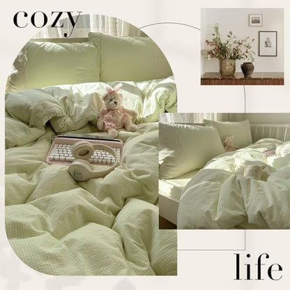 mixinni Green Gingham Duvet Cover Full Size - 3 Piece Cottagecore Plaid Bedding Set with Lace Trim, Soft Washed Microfiber Vintage Aesthetic Grid Comforter Cover & Pillow Shams, (Green White Gingham)