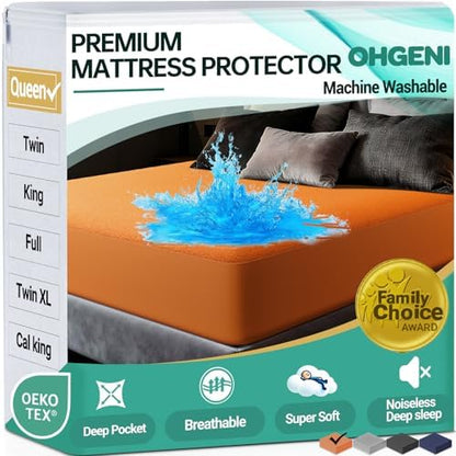 OhGeni Waterproof Mattress Protector, Queen Size Mattress Pad Fitted with Deep Pocket 6"-18", Breathable Noiseless & Soft, Washable Dirt-Proof Mattress Cover for Home, Hotel, Orange, Daybed Cover