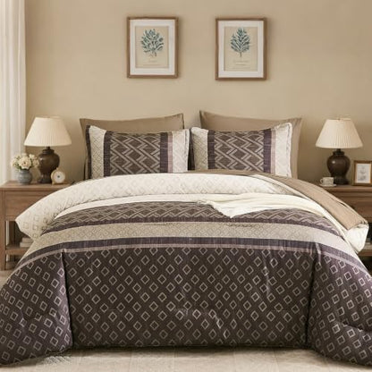 King 7-Piece Grey Brown Striped Comforter Set,Farmhouse Boho Bedding