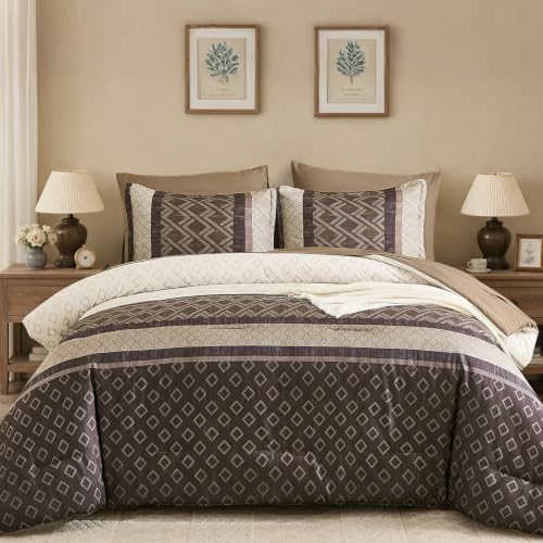 Queen 7-Piece Grey Brown Striped Comforter Set,Farmhouse Boho Bedding