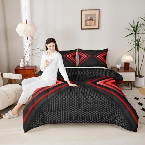 Geometric King Size Comforter Set,Kids Red and Black Decor All Season Bedding Set,Teens Sports Gaming Comforter,Modern Hexagon Decor Quilt Set Bedroom Collection 3Pcs