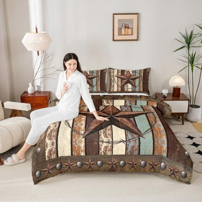 Western Texas Star Kids Comforter Set Full Size,Vintage Wooden Plank Bedding Set,Girls Boys Adults Bedroom Decor,Rustic Farmhouse West Cowboy Down Comforter,Brown Retro Duvet Insert,2 Pillowcases
