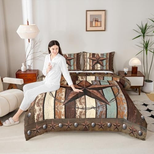 Western Texas Star Kids Comforter Set King Size,Vintage Wooden Plank Bedding Set,Girls Boys Adults Bedroom Decor,Rustic Farmhouse West Cowboy Down Comforter,Brown Retro Duvet Insert,2 Pillowcases