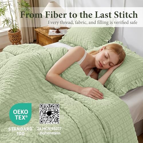 JOLLYVOGUE Sage Green Comforter Full Size, 3 Pieces Seersucker Lightweight Full Size Bedding, All Season Fluffy Microfiber Bedding Comforter Set with 1 Ruffle Comforter and 2 Ruffle Pillowshams
