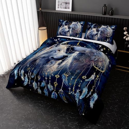 Nttopship Wolf Animal Comforter Set Full Size,Modern Wildlife Animal Comforter Wolf Bedding Set for Girls Boys Kids Teens Watercolor Wolf Dark Clouds Wild Animal Comforter with 2 Pillowcases
