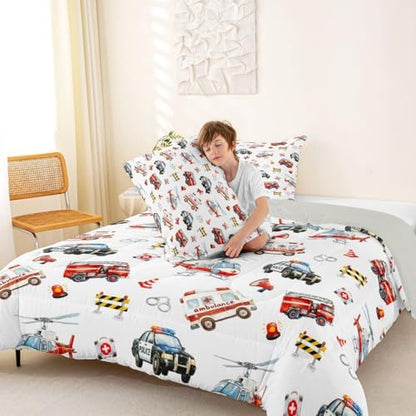 Feelyou Police Car Comforter Set King Size Red Fire Truck Bedding Set for Kids Boys Girls Airplane Duvet Quilt Bedroom Decor Microfiber 3 Pcs with 2 Pillow Cases