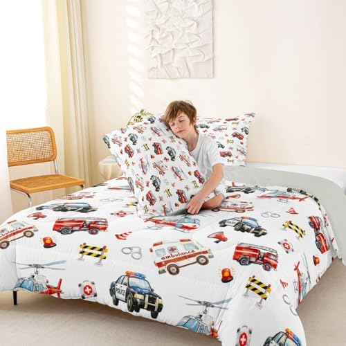 Feelyou Police Car Comforter Set Queen Size Red Fire Truck Bedding Set for Kids Boys Girls Airplane Duvet Quilt Bedroom Decor Microfiber 3 Pcs with 2 Pillow Cases