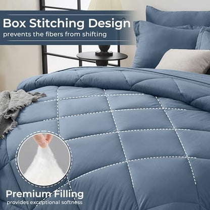 HEVUMYI 7-Piece California King Comforter Set, Dusty Blue Bed in a Bag
