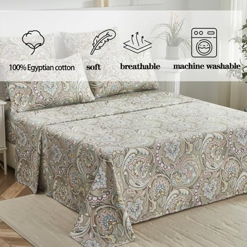 FADFAY Paisley Sheets Set Full Vintage Floral Bedding Set 100% Egyptian Cotton Soft Breathable Bed Sheets Luxury 17.7“ Deep Pocket Fitted Sheet Shabby Beige Boho Style for All Season, Full Size