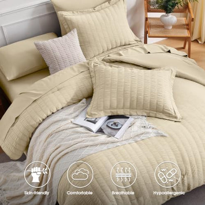 FreshCulture Comforter Set Seersucker 7 Pieces, All Season Bedding Set King, Bed in a Bag Comforter Set with 1 Comforter, 1 Flat Sheet, 1 Fitted Sheet, 2 Pillowcases and 2 Pillow Shams, Beige