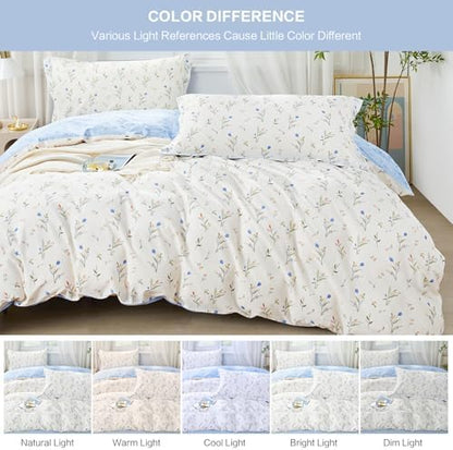 SAPHREAS 2pcs Twin Size Botanical White Duvet Cover Set Blue Floral Bedding Comforter Cover Set 100% Cotton 1 Duvet Cover 68"x90" 1 Pillow Sham, Comforter Not Included