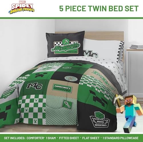 Minecraft Creeper Twin Comforter Set 5 Piece Kids Bedding for Boys, Multi