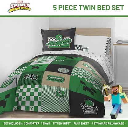 Minecraft Creeper Twin Comforter Set 5 Piece Kids Bedding for Boys, Multi