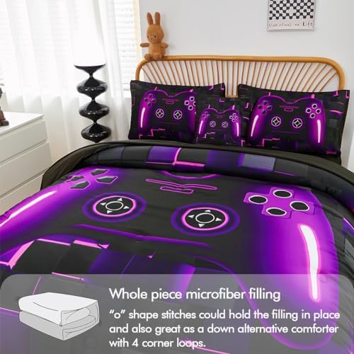 PERFEMET 6 Pieces Bed in A Bag Gamer Comforter Set Full Size Purple Gaming Bedding Set for Boys Kids Teen Soft Lightweight Video Game Black Quilt Bedspread Set(Purple, Full)