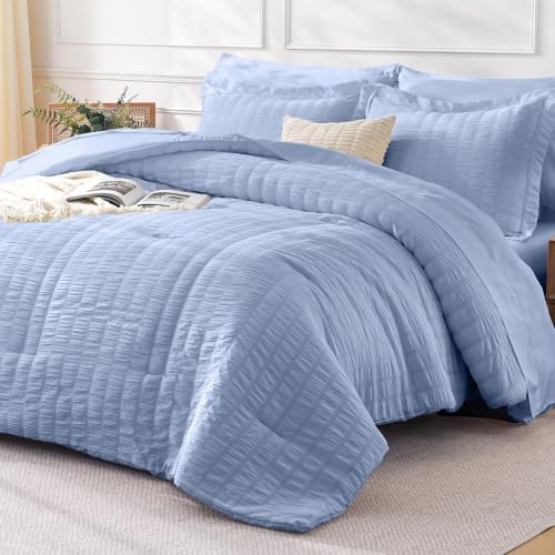 FreshCulture Twin Size Comforter Set Seersucker 5 Pieces, All Season Bedding Set Twin, Soft Bed in a Bag Comforter Set with Comforter, Flat Sheet, Fitted Sheet, Pillowcase and Pillow Sham, Baby Blue