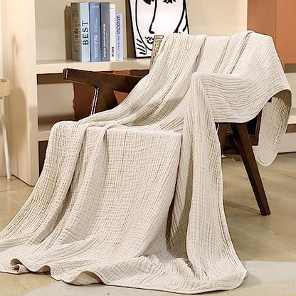 Yoofoss Muslin Blanket 100% Organic Cotton Large Twin Size 60" x 80" for Bed Couch Summer Gauze Blanket for Adults Lightweight and Breathable Apricot White