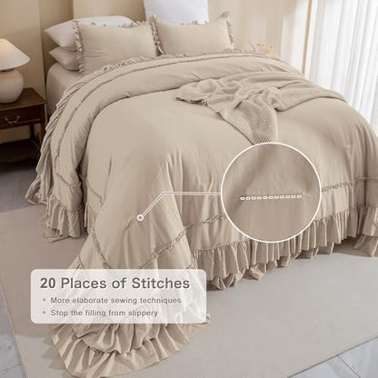 Masaca Oversized Comforter King Size 120x120,Farmhouse Shabby Boho Chic Ruffle California King Bed Comforter Set French Country Rustic Bedding 3PCS (1 Ruffled Comforter+2 Pillow Shams)