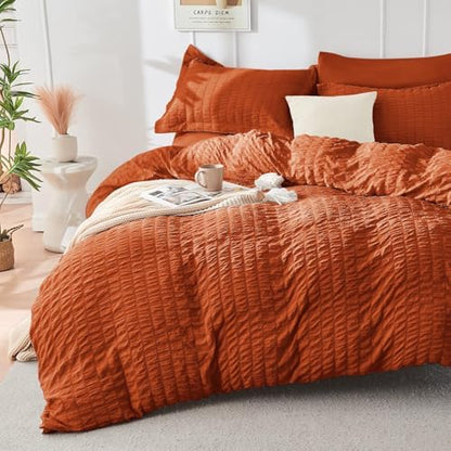 HYMOKEGE Burnt Orange King Size Comforter Set Seersucker 7 Pieces, All Season Luxury Bed in a Bag for Bedroom, Bedding Set with Comforters, Sheets, Pillowcases & Shams