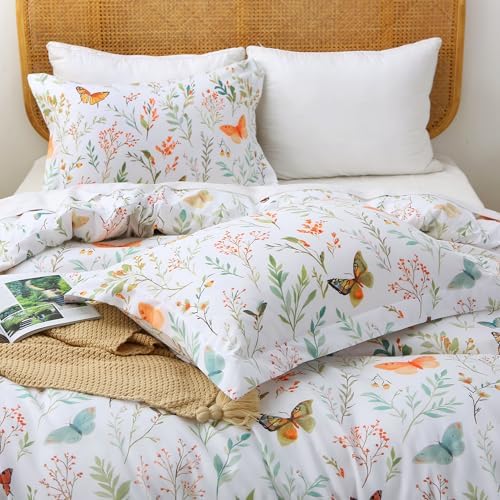 Mooreeke Floral Full Size Comforter Sets, Butterfly and Botanical Patterned Bedding for All Seasons, 3-Piece Vintage Bed in a Bag with Fluffy Quilted Reversible Comforter & 2 Pillow Shams