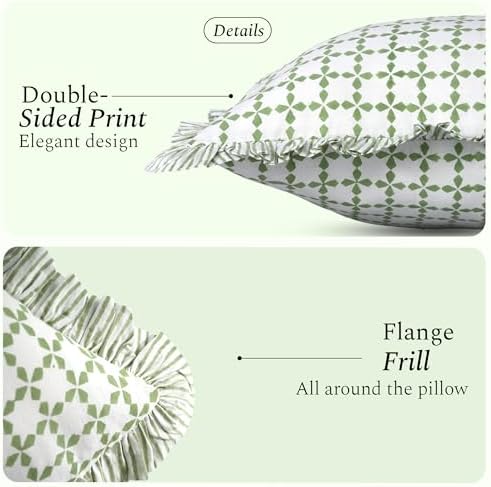 CPC Block Print Kelly Green Ruffle Cotton Lumbar Pillow Cover 12x20 inch