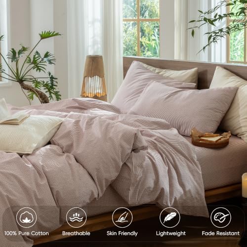 MooMee Striped Duvet Cover Set 100% Washed Cotton Linen Like King