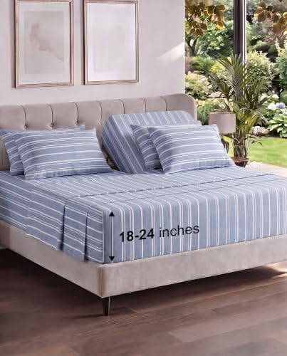 Extra Deep Flex Top Split Head King Sheet Set - 6pc Sheets - Blue Stripes