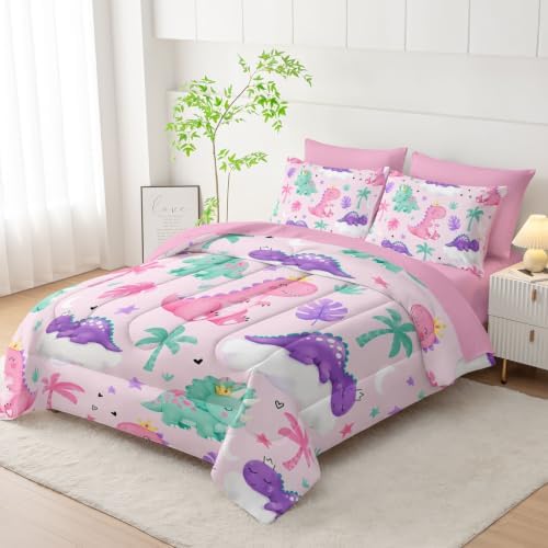 HOSIMA 7Pcs Cute Crown Dinosaur Bedding Set King for Girls Bedroom Decor.