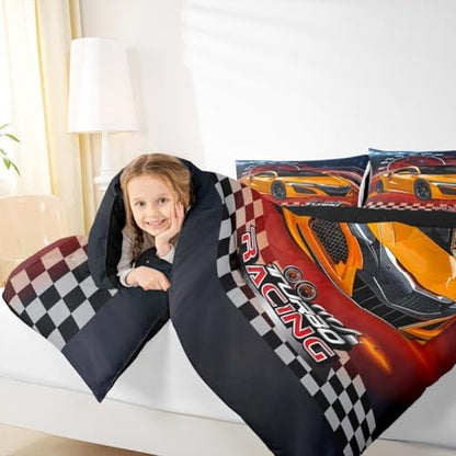 Feelyou Ombre Racing Car Bedding Set Full Size Kids Speed Sports Car Bedding Set for Boys Girls Teens Extreme Sports Duvet Quilt Breathable Soft Lightweight Microfiber Room Decor