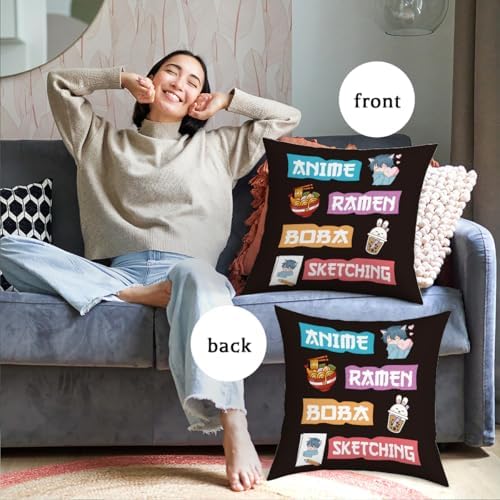 Anime Decor, Just a Girl Who Loves Ramen Boba Sketching Room Decorative Throw Pillow Covers, Anime Lovers for Home Living Room Girl Women Bedroom Decoration Gifts